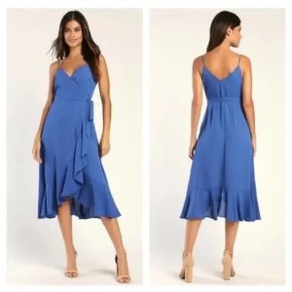 Lulus Manhattan Moment Blue Ruffled Midi Wrap Dress XS - Picture 2 of 5